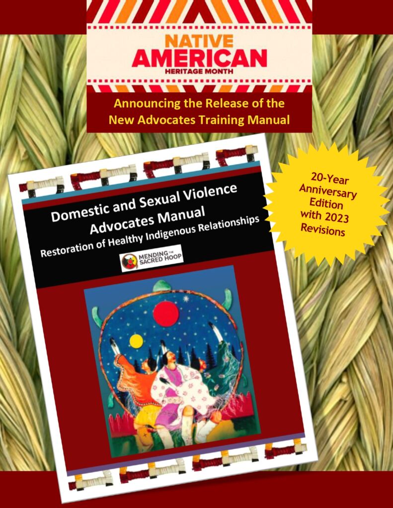 Image of booklet titled Domestic and Sexual Violence Advocates Manual on top of a sweetgrass pattern